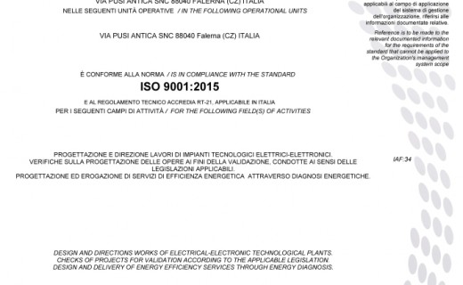 Certificato Qualit&agrave; ISO 9001:2015 - Graziano Ingegneria
